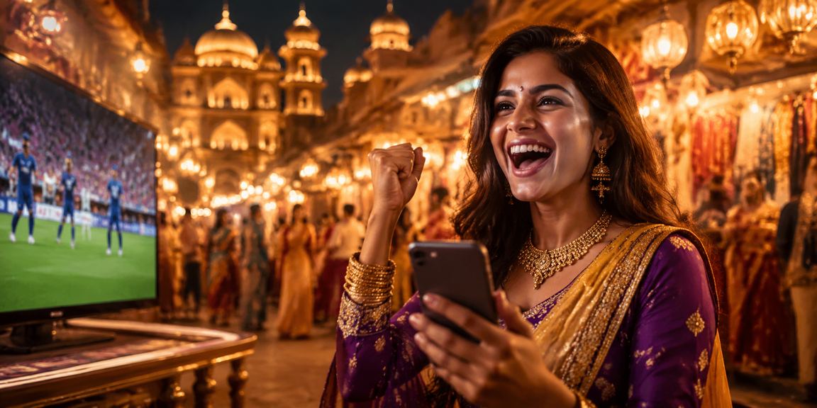 Mobile payment use in vibrant Indian night market with bustling crowd and neon lights
