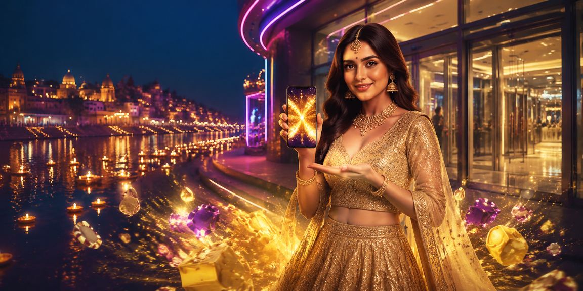 Varanasi ghat with gaming app themed overlay