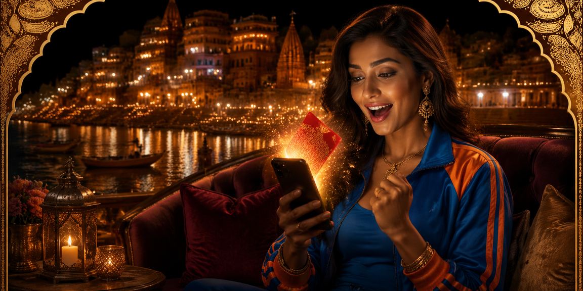 Vibrant Indian river ghat scene with cricket fans and mobile slots gameplay